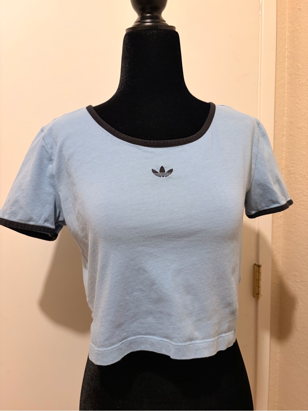 adidas Light Blue Cropped Baby Tee with Navy Trim